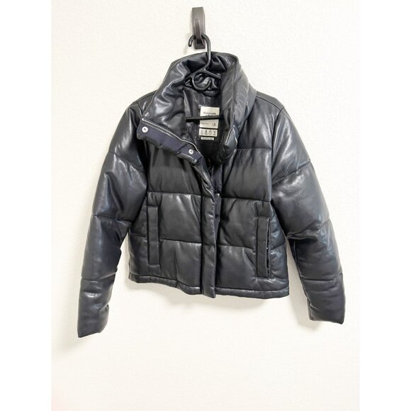 Abercrombie & Fitch Vegan Leather Mini Puffer Jacket Full Zip Black Medium - Picture 2 of 6